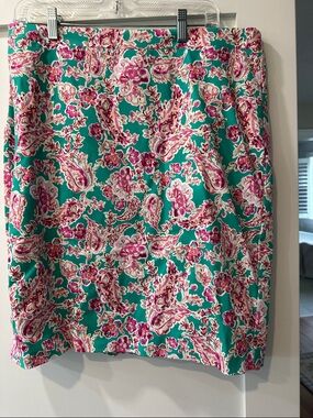 J. Crew Factory Turquoise Paisley Pencil Skirt with Pink Accents